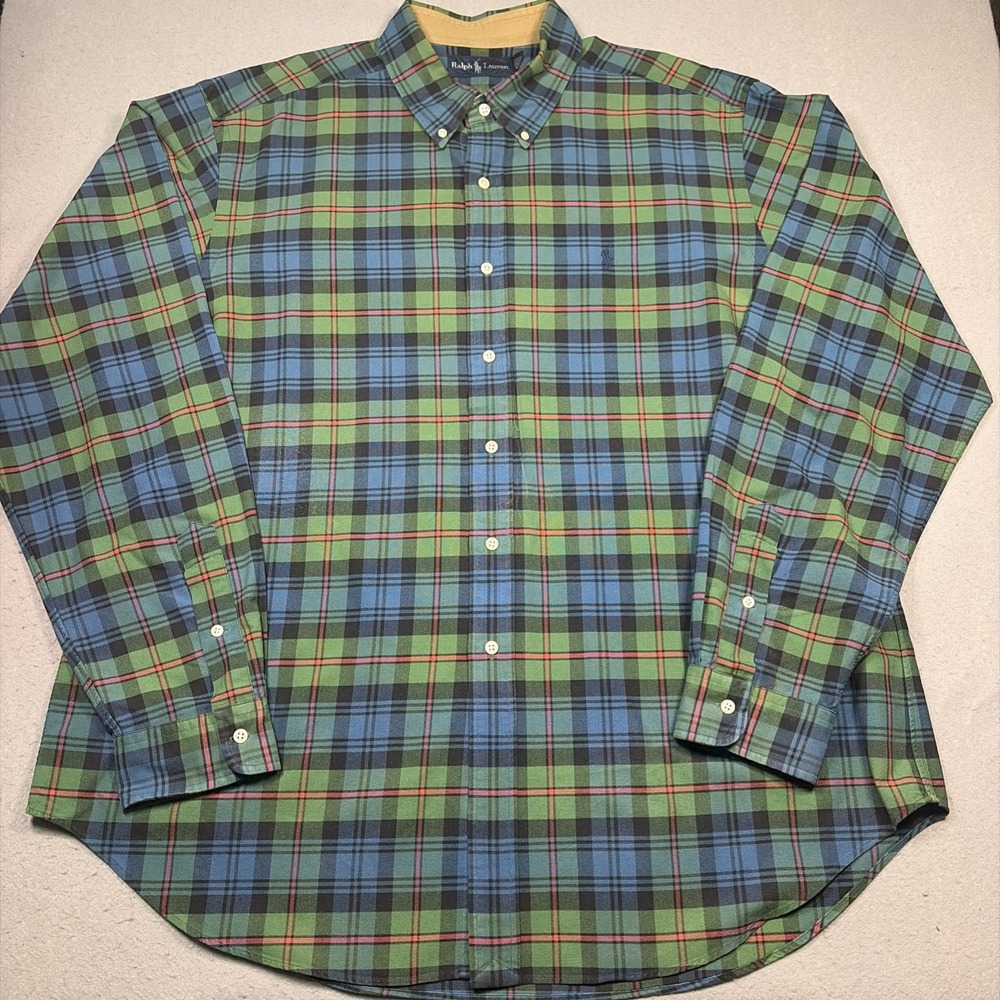 Vintage Polo Ralph Lauren Button Up Mens 2XL Green Plaid 90s Y2K Utility Shirt
